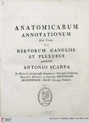 Band 1: Anatomicarum Annotationum Liber ...: De nervorum gangliis, et plexubus