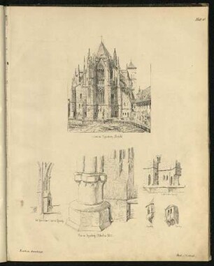 Chor-Ansicht des Dom's zu Regensburg, Erker, durchbrochene Pfeiler, Basis der Dienste