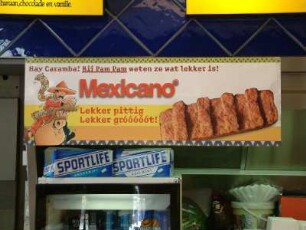 Reklame für eine mexikanisch gewürzte Fikadelle