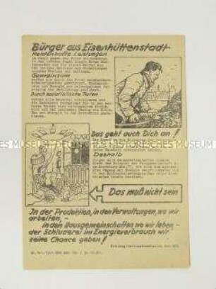 Hektografiertes Propagandaflugblatt der SED Eisenhüttenstadt mit dem Aufruf zum sparsamen Umgang mit Strom