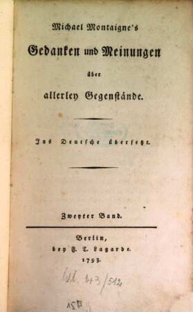 Michael Montaigne's Gedanken und Meinungen über allerley Gegenstände, 2