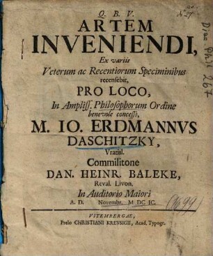 Artem Inveniendi : Ex variis Veterum ac Recentiorum Speciminibus recensebit