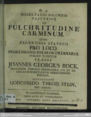 Dissertatio Solemnis Posterior De Pulchritudine Carminum