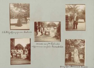links oben: Großherzogin Caroline von Sachsen-Weimar-Eisenach auf der Terrasse von Schloss Mainau rechts oben: Großherzog Friedrich I. von Baden auf der Terrasse von Schloss Mainau Mitte: Großherzog Friedrich I. von Baden, Großherzogin Luise und Gäste auf der Terrasse von Schloss Mainau links unten: Großherzogin Luise und Gäste auf der Terrasse von Schloss Mainau rechts unten: Prinzessin Hermine Reuss auf der Terrasse von Schloss Mainau