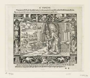 Paulus gibt dem Boten den Brief, aus: "Biblische Figuren deß Neuwen Testaments", Frankfurt am Main 1562, S. m2 recto