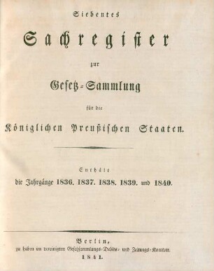 7.1836/40: Gesetz-Sammlung für die Königlichen Preußischen Staaten