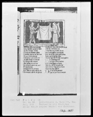 Rudolf von Ems, Weltchronik — Ahias teilt seinen Mantel vor Jerobeam, Folio 319recto