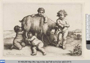 Vier Kinder, ein Satyrisk und eine Ziege