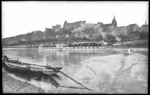 Pirna. Schloss Sonnenstein - Elbe mit Dampfer Aussig