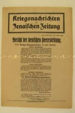 Nachrichtenblatt der "Jenaischen Zeitung" zur Einnahme feindlicher Stellungen im Südosten durch die deutsche Armee