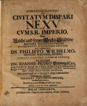 Dissertatione Inavgvrali De Civitatvm Dispari Nexv. Cvm S. R. Imperio, Von Reichs und freyen Reichs-Städten