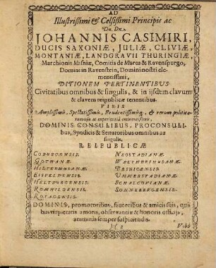 Jubilei Saxo-Coburgici Descriptio Historico-Poetica : Ad Autoritatem ... Dnn. Scholarcharum... Die 8. Septembr. anni Iubilei ... 1630. e Collegii Casimiriani cathedra, publice declamata & habita. Ac... publicis typis commissa