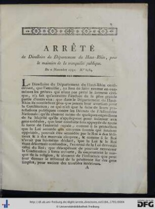 Arrête du Directoire du Département du Haut-Rhin, pour le maintien de la tranquilité publique.