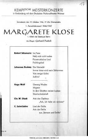 1. Anrechtskonzert 1946/1947 Margarete Klose