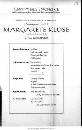 1. Anrechtskonzert 1946/1947 Margarete Klose