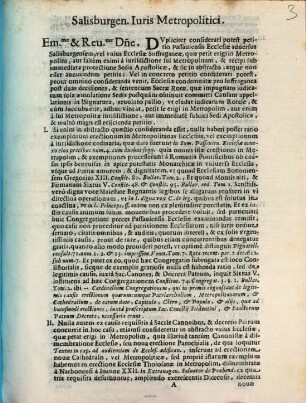 Sacra Congregatione Particulari. Salisburgen. Iuris Metropolitici : Pro Celsissimo, & Reuerendiss. D. Archiepiscopo, & Principe Salisburgen. Contra Celsissimum & Reuerendiss. D. Episcopum, & Principem Passauien. Iuris D. Maserij