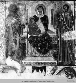 Thronende Madonna mit Kind, dem Heiligen Johannes dem Täufer und einem weiteren Heiligen