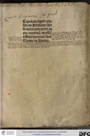 Copulata super octo libros Physicorum Aristotelis iuxta doctrinam doctoris Thomae de Aquino