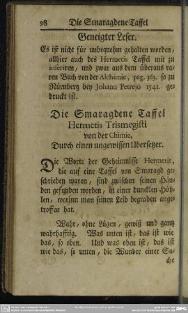 Die Smaragdene Taffel Hermetis Trismegisti von der Chimie