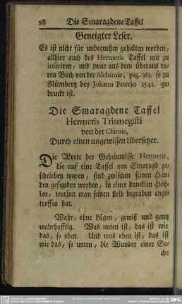 Die Smaragdene Taffel Hermetis Trismegisti von der Chimie