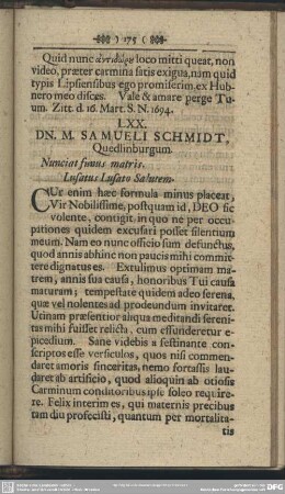 LXX. DN. M. SAMUELI SCHMIDT, Quedlinburgum. Nunciat funus matris