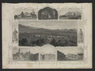 Ansichten von Most (dt. Brüx), Lithographie, um 1840 : Brüx vom Schlossberge aus / L. Oeder sc. - Triest : KunstAnst. d. Oestr. Lloyd , [um 1840?]. - 7 Ansichten auf 1 Kunstbl. : Stahlst. ; Blattgr. 31 x 23 cm