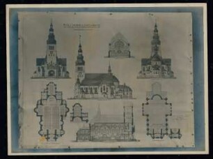 Sankt-Antonius-Kirche, Eichenau (Kattowitz): Zeichnung: Ansichten, Schnitte, Grundrisse