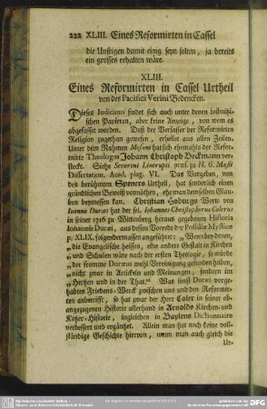 XLIII. Eines Reformirten in Cassel Urtheil von des Pacifici Verini Bedencken