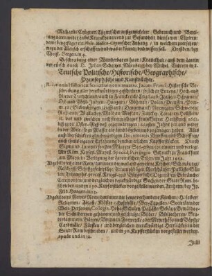 Teutsche Politische/ Historische/ Geographische/ Philosophische und Kunstbücher.