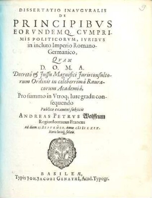Dissertatio Inavgvralis De Principibvs Eorvndemq. Cvmprimis Politicorvm, Ivribvs in incluto Imperio Romano-Germanico