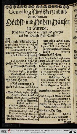 Genealogisches Verzeichnis der itzt-lebenden Höchst- und Hohen Häuser in Europa