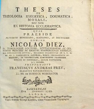 Theses ex theologia exegetica, dogmatica, morali nec non ex historia ecclesiastica