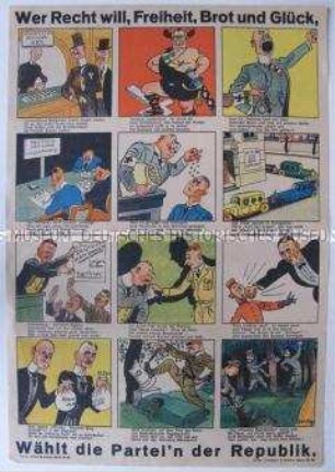 Bilderbogen zur Reichstagswahl vom Mai 1928 mit Sprüchen und Karikaturen vor allen gegen NSDAP und DNVP und der Aufforderung, "republikanisch" zu wählen