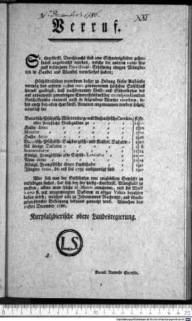 Verruf. : München den 31sten December 1786. Kurpfalzbierische [sic! nomen est omen] obere Landesregierung. Konrad Ruprecht Sekretär.