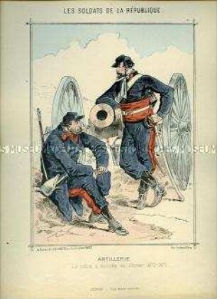 Karikatur, Artilleristen am Geschütz, Frankreich, 1870, Tafel 9 aus: Les Soldats de la République. L'Armée Française en campagne.