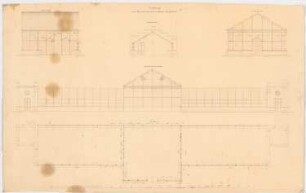 Gewächshaus für Schloss Fürstenstein: Grundriss, Aufriss Vorderansicht, Seitenansicht, 2 Schnitte, Maßstabsleiste