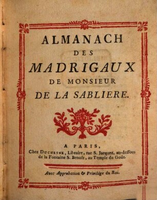 Almanach des madrigaux de Monsieur de la Sablière
