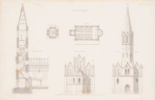 Kirche, Brodowin: Grundriss, Grundriss Glockenturm, Choransicht, Vorderansicht, Längsschnitt (aus: Atlas zur Zeitschrift für Bauwesen, hrsg. v. G. Erbkam, Jg. 4, 1854)