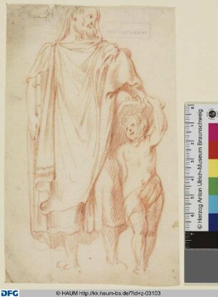Stehende bärtige Figur mit einem Buch, das von einen Knaben gestützt wird