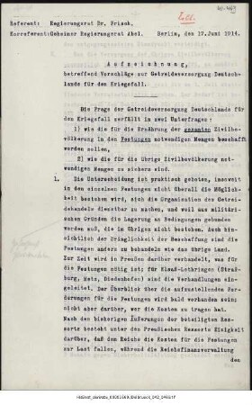 Vorschläge zur Getreideversorgung Deutschlands für den Kriegsfall