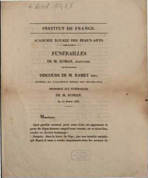 Funérailles de M. Roman, statuaire : Discours de M. Ramey fils ... le 13 février 1835