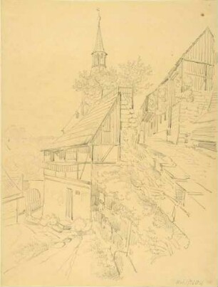 Stadt Wehlen in der Sächsischen Schweiz mit der alten Kirche (1883 Abriss)