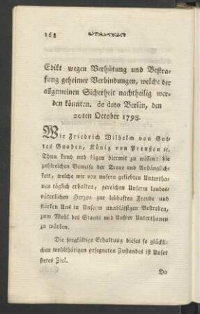 Edikte wegen Verhütung und Bestrafung geheimer Verbindungen, welche der allgemeinen Sicherheit nachtheilig werden könnten. de dato Berlin, den 20ten October 1798.
