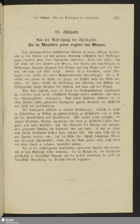 84. Abschnitt. Von der Anfertigung der Speisezettel. De la manière pour regler les menus
