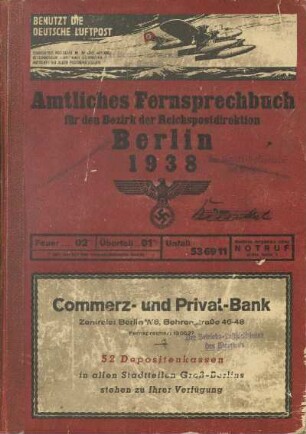 1938: Amtliches Fernsprechbuch für den Bezirk der Reichspostdirektion Berlin