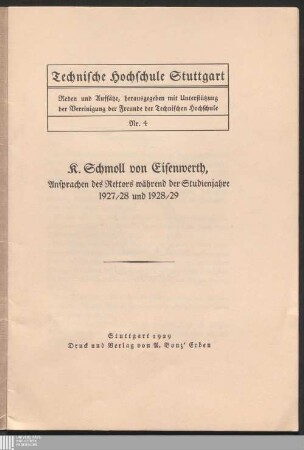 Ansprachen des Rektors während der Studienjahre 1927/28 und 1928/29