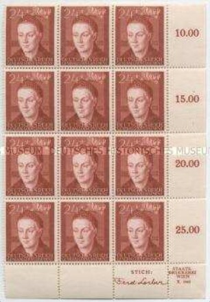 Unvollständiger Bogen mit 12 Briefmarken zu 24 Zloty aus dem Generalgouvernement mit einem Porträt von Hans Dürer