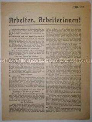 Propagandaflugblatt für die Unterstützung der Revolution mit Mitgliederwerbung der USPD