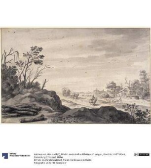 Weite Landschaft mit Reiter und Wagen