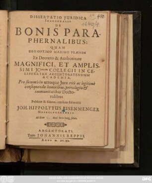Dissertatio Iuridica Inauguralis De Bonis Paraphernalibus